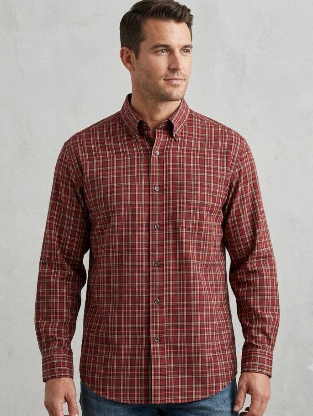Van Heusen Men's Red Plaid Wrinkle Free Button Down Shirt Size Medium 15- 15 1/2